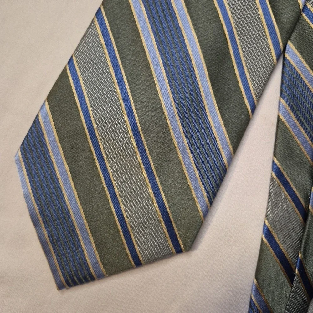 Rooster Mens Tie Green Blue Gold‎ Diagonal Stripe Silk Necktie Executive Office